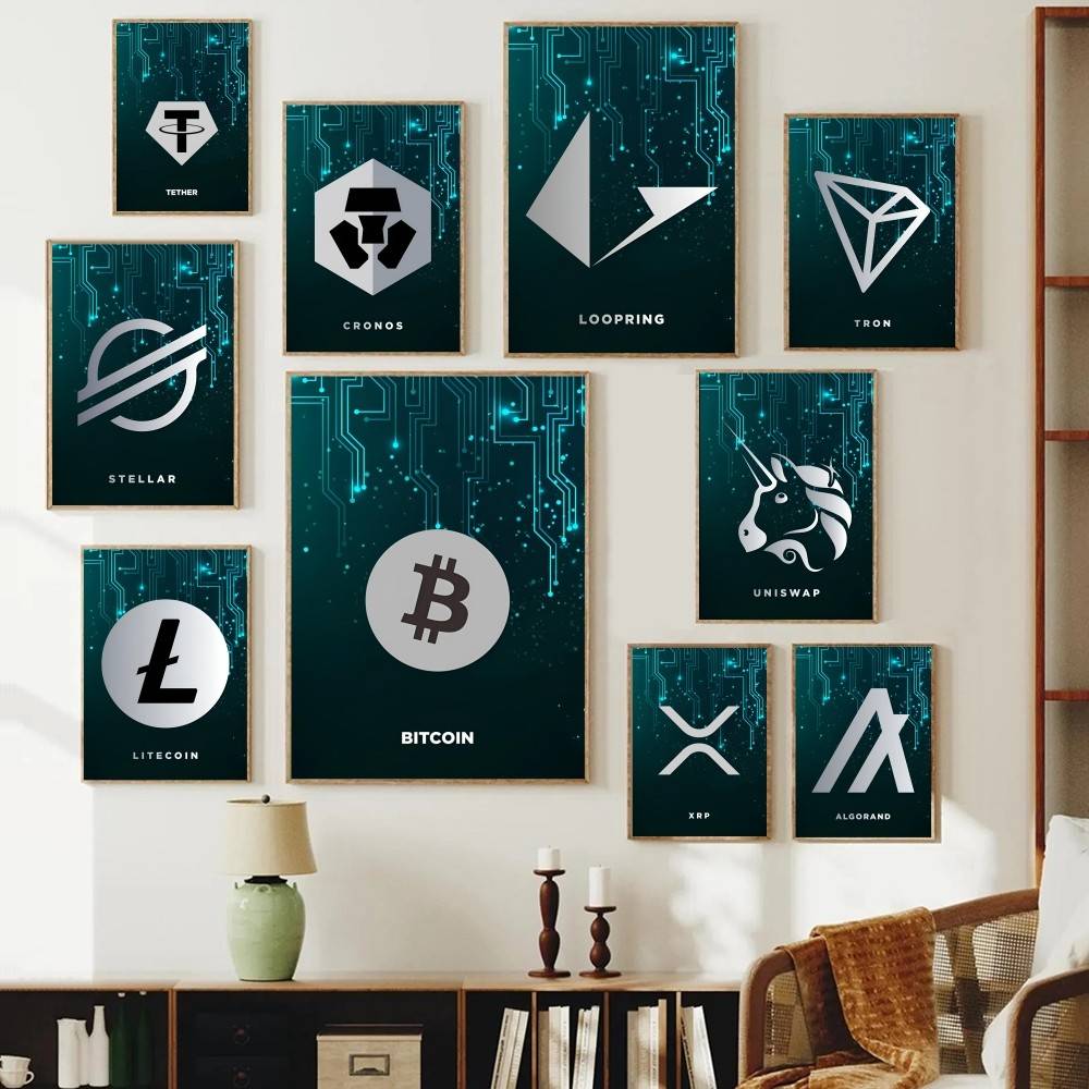 테크 회로 암호화폐 심볼 포스터 디지털 코인 로고 기하 - Tech Office Wall 리뷰 및 가격