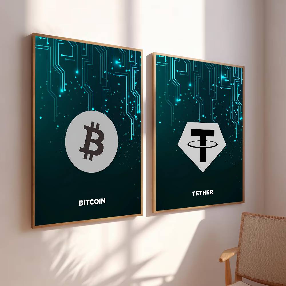 테크 회로 암호화폐 심볼 포스터 디지털 코인 로고 기하 - Tech Office Wall 리뷰 및 가격